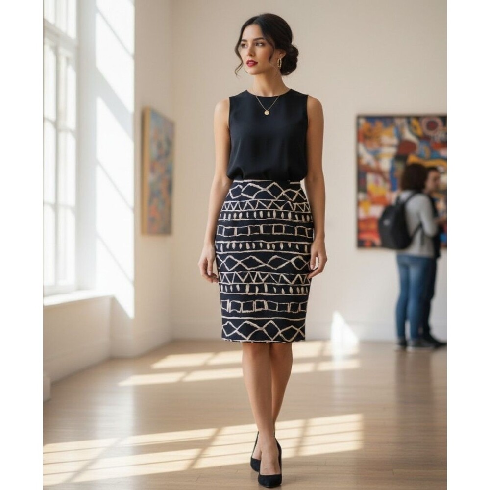 Vtg. Jones New York Black & Gold Aztec Tribal Midi Wrap Skirt Career Global Boho